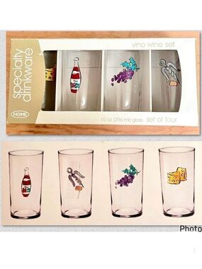 NWT HOME Speciality Drinkware set of 4 Graphic Tall vino theme wine 10oz Glasses
